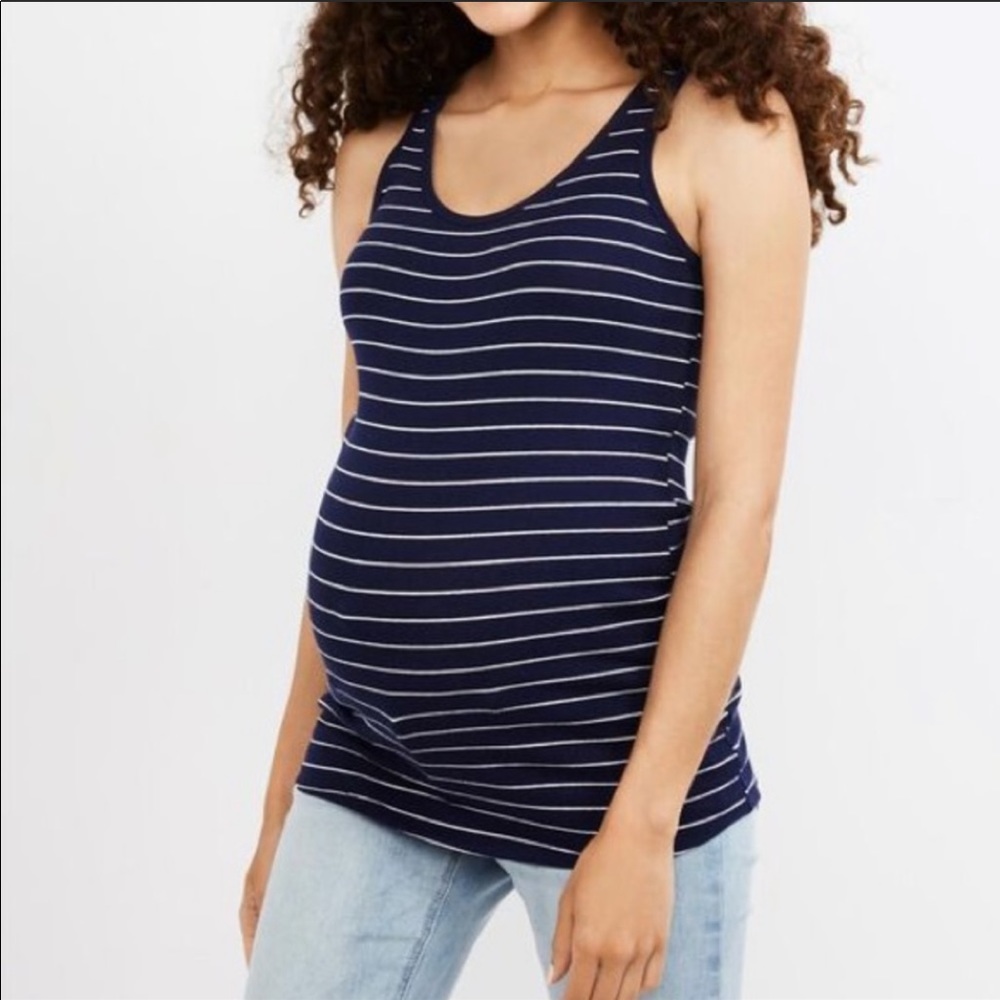 Motherhood Maternity Blue White Stripe Ribbed Sleeveless Tank Top Tee